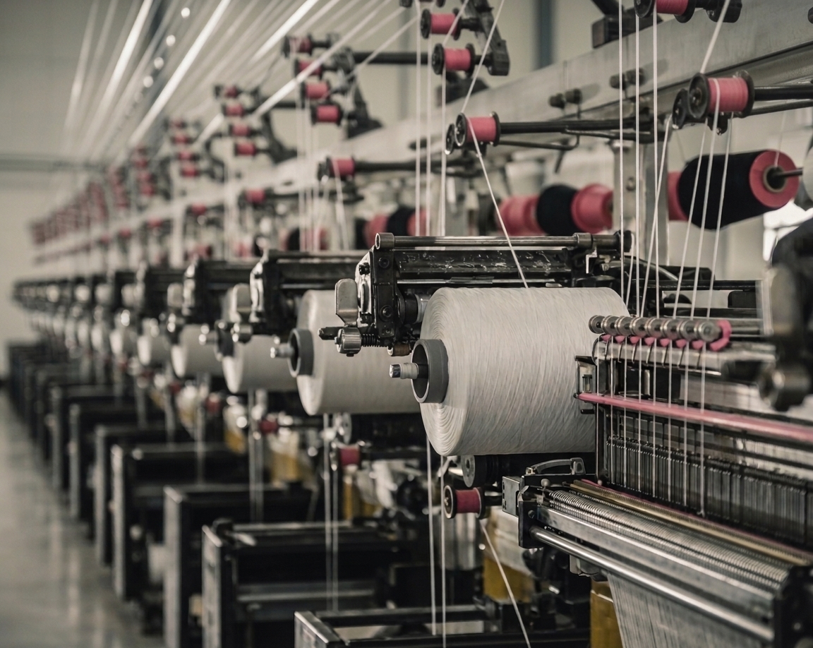 Row of industrial knitting machines in production